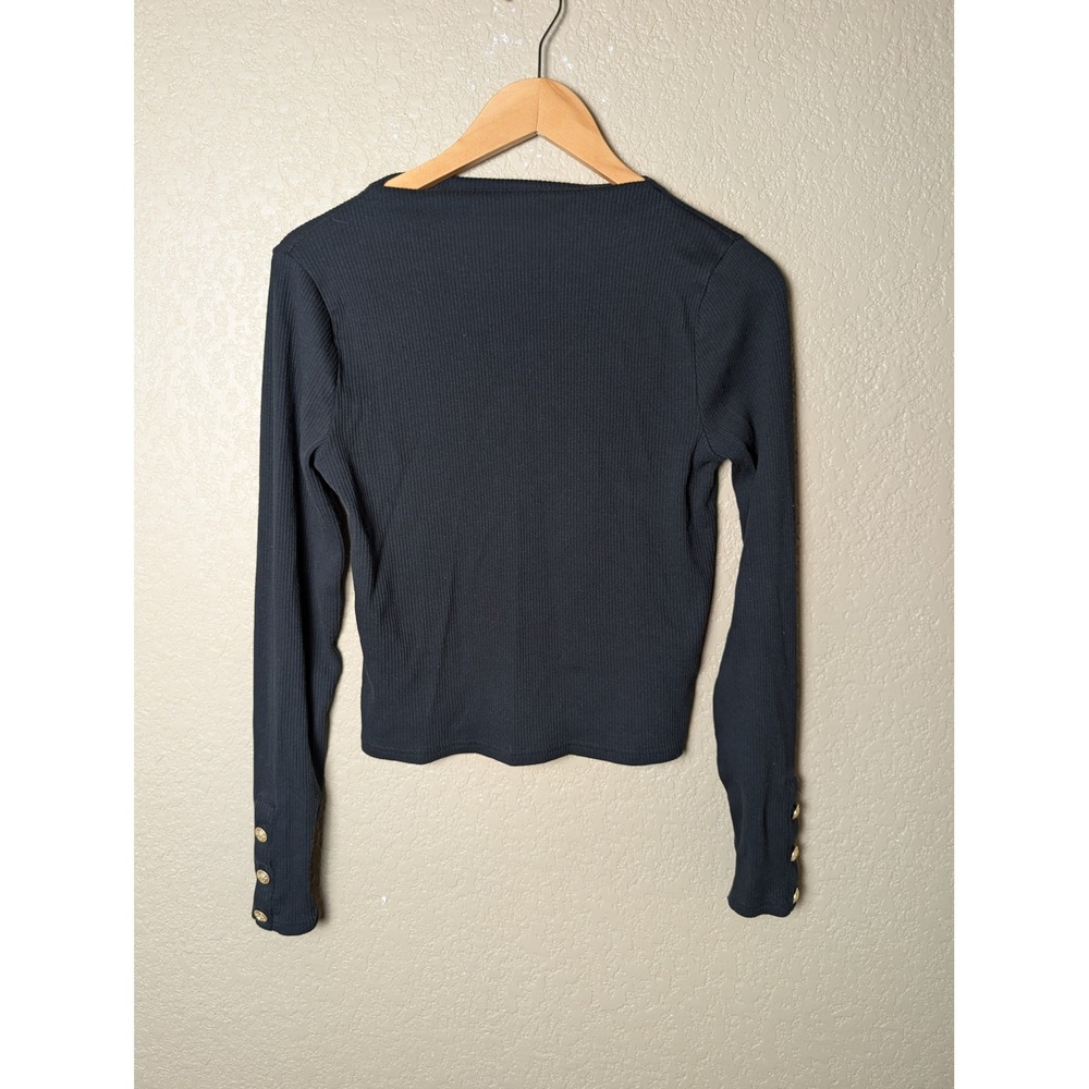 J.Crew Womens Ribbed Long Sleeve Top Black Gold Medallion Button Cuff Medium